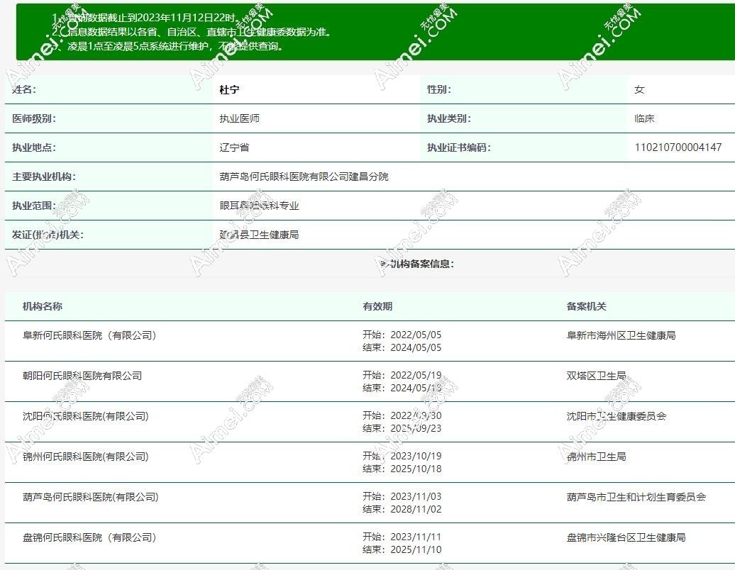 锦州何氏眼科医院杜宁医生资质