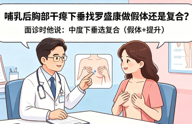 哺乳后胸部干瘪下垂找罗盛康做假体还是复合?面诊时他说:中度下垂选复合(假体+提升),重度只做假体没用