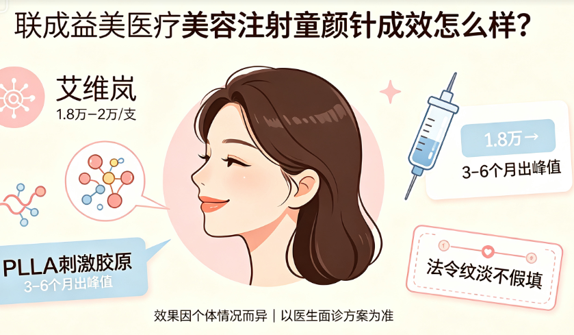 联成益美医疗美容注射童颜针成效怎么样?艾维岚1.8万–2万/支PLLA刺激胶原,3–6个月出峰值法令纹淡不假填